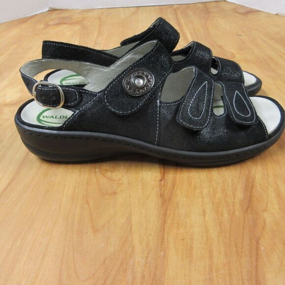 WALDLAUFER Zander Black Glitter Leather Sandals Womens Sz 9 Ortho Comfort Shoes - Picture 5 of 16